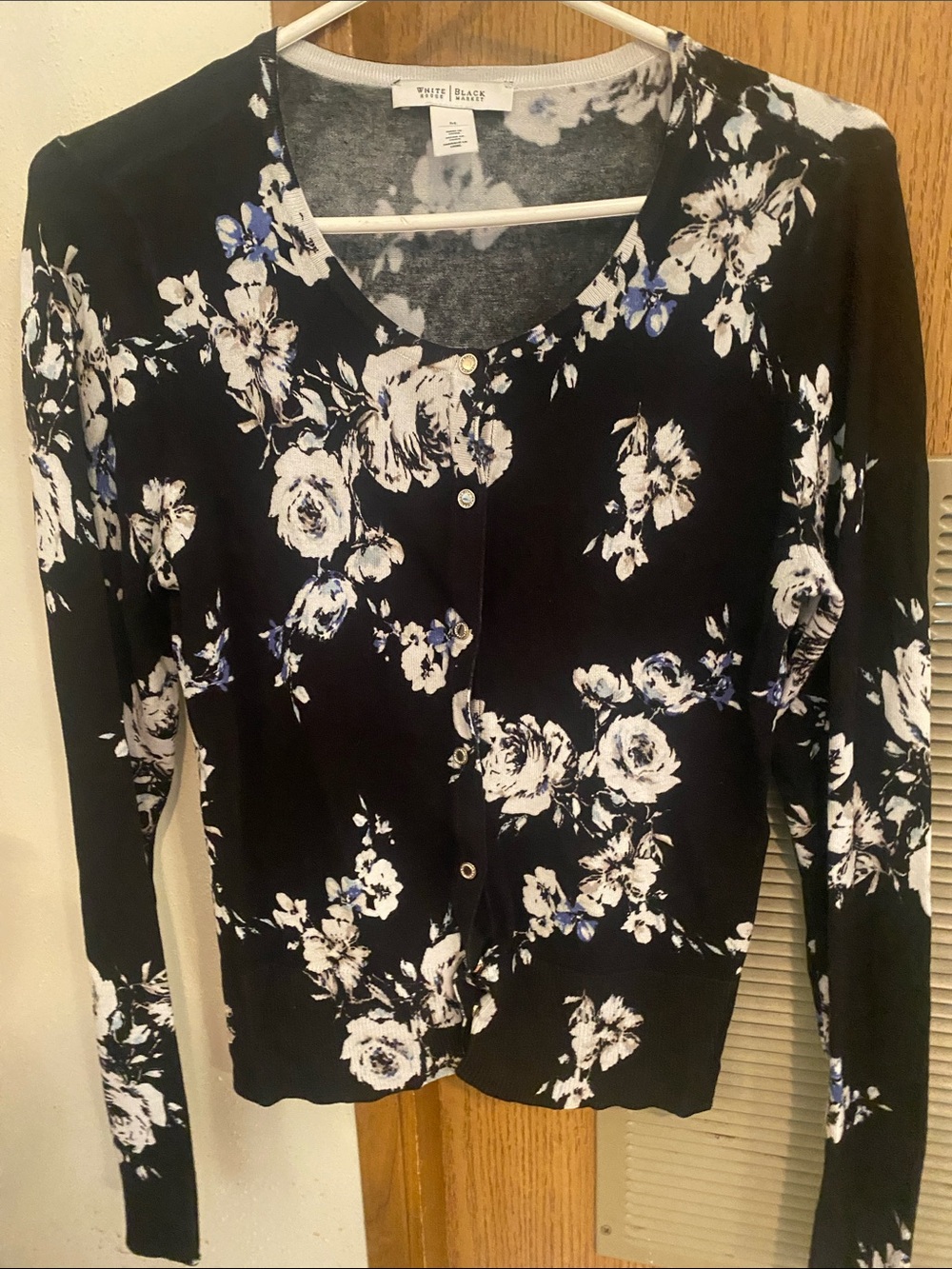 White House Black Market Black Floral Snap-Front Cardigan w/Blue Accents-Medium